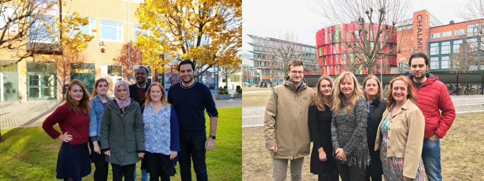 Left image, project members from Chalmers University of Technology: Lorna Bartram, Snezina Racheva, Maisaa Abughalioun, Lisanu Tebikew, Linda Bradley and Khaled Al-Sabbagh. Right image, de original project members from Chalmers and University of Gothenburg:  Mihail Anton, Lorna Bartram, Sylvana Sofkova Hashemi, Linda Bradley, Nataliya Berbyuk Lindström and Khaled Al-Sabbagh.